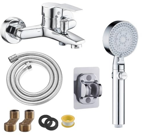 suaywo Mischbatterie Dusche Silber Badewannenarmatur mit handbrause, inkl. 1,5 m Edelstahlrohr und Stanzfreie Basis, Mischbatterie Badewanne Wasserhahn Geeignet für Badezimmer