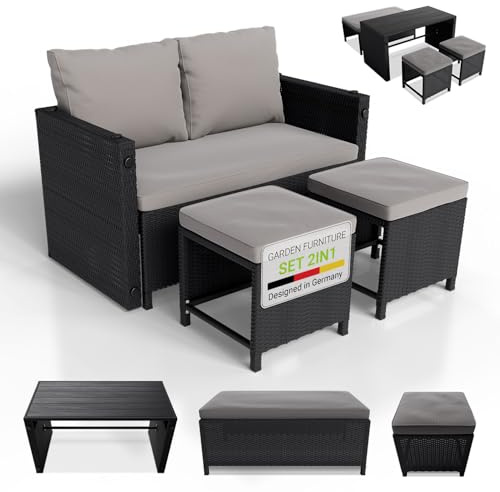 Juskys Set mobili da giardino 2in1 in polyrattan Jamaika - tavolo, divano lounge da giardino - set salotto da balcone per balcone, giardino - lounge da esterno nero grigio