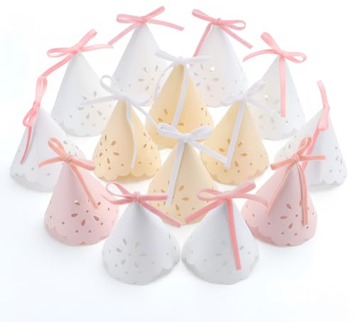 Weysat 24 Pcs Lace Pastel Party Hats Pastel Birthday Party Hats with Lace Design and Velvet Bows Paper Princess Cone Hat with Elastic String for Birthday, Baby Shower, Bridal Shower Decor, 3x 5.5