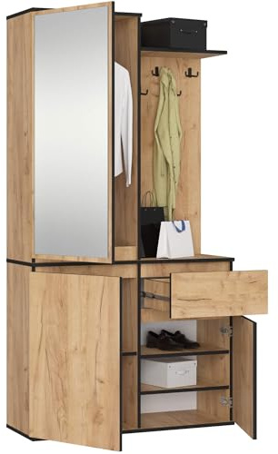 AKORD Garderoben-Set ENTRO Schwarz 95 cm - Kompaktgarderobe Schmaler Flur - 3 Türen, 1 Schublade - 7 Regalböden - Flurgarderoben Set Modern - Flur Möbel Set, Industrial Stil - Craft-Eiche