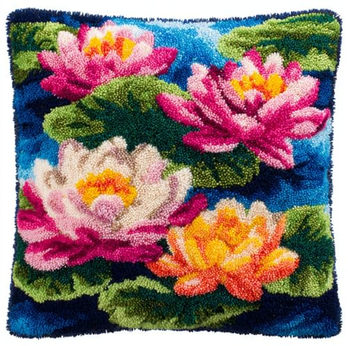 WallustrioaW DIY Latch Hook Kit cuscino,Bellissimi fiori di loto,cuscini all'uncinetto kit per la creazione di tappeti,Gancio Di Chiusura Per Adulti,43x43cm