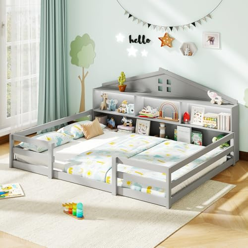 Giantex Full Size Montessori Floor Bed with LED Lights, 2-in-1 Wooden House Bed Frame with Safety Guardrails, Storage Compartments & Shelf, No Box Spring Needed, Without Slats, Gray