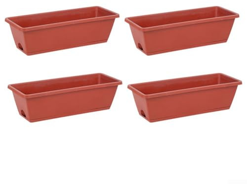 Plastfönster blomma växtlådor 4 st rektangulära med dränering och spill fångstbrickor för hälsosam tillväxt av grönsaker, suckulenter och prydnadsblommor (röd tegel)
