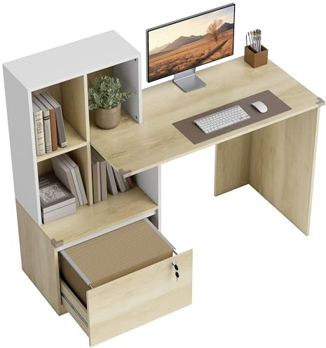 HOMCOM Bureau d'Ordinateur avec Bibliothèque 126x50x109cm Chêne et Blanc | 4 Compartiments, Tiroir Verrouillable à Dossiers, Patins Anti-Collision, Table Informatique, Bureau avec Rangement