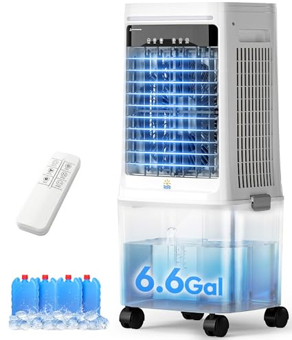 EXNOS 3-in-1 Portable Evaporative Air Cooler - 2000 CFM Swamp Cooler with 6.6-Gal Dual Tank & 4 Ice Packs, Remote Control, 12H Timer, Oscillating Cooling Fan That Blows Cold Air for Large Room, Office