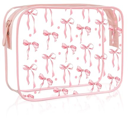 Clear Makeup Bag for Women Girls,Clear Travel Toiletries Bag Pink Bow Cosmetic Bag Travel Toiletry Bag,Waterproof Travel Makeup Bag Travel wash Bag for Travelling Cosmetics Birthday Gifts (Pink)