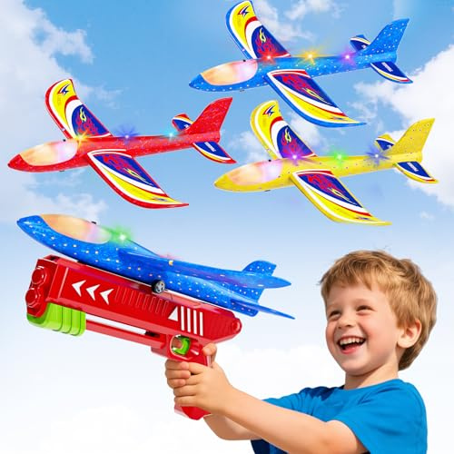 Doloowee Boys Toys for 3 4 5 6 Years Old, 1 Launcher with 3 Foam Glider Planes, 2 Flight Modes, Outdoor Garden Toys Birthday Present Gift for Kids 3 4 5 6 7 8 Year Old