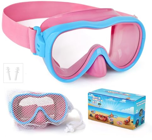 WAVE Kids Swim Goggles, Snorkel Mask Diving Mask Swimming Goggles with Nose Cover and Elastic Straps Cover & Mesh Bag & Ear Plugs