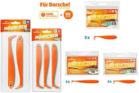 18 Lieblingsköder Möhrchen Gummifische (4x12,5cm, 4x10cm, 5x7,5cm, 3x15cm, 2x20cm), Gummifisch zum Zanderangeln, Hechtangeln, Barschangeln, Dorschangeln