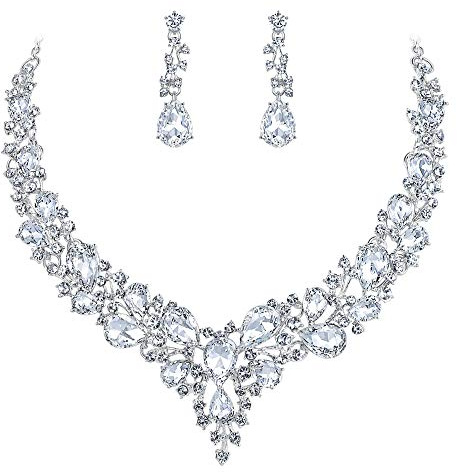 BriLove Wedding Bridal Jewelry Set for Women Austrian Crystal Teardrop Cluster Statement Necklace Dangle Earrings Clear Silver-Tone