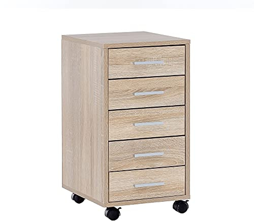 Finebuy Rollcontainer 33 x 63 x 38 cm Holz Schubladenschrank Schreibtisch, Büro Schrank mit 5 Schubladen, Container Rollschrank klein Standcontainer schmal, Schreibtischcontainer mit Rollen Sonoma