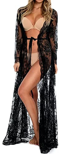 BUTTZO Women Sexy Long Lace Dress Sheer Gown See Through Lingerie Kimono Robe (Black, One Size)