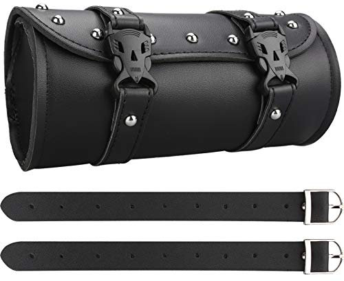 Wiipara Motorcycle Saddle Bag - Handmade PU Leather Handlebar Tool Bag, Round Barrel Shape Waterproof Roll Pouch With Straps for Scooter Front or Side (Medium)