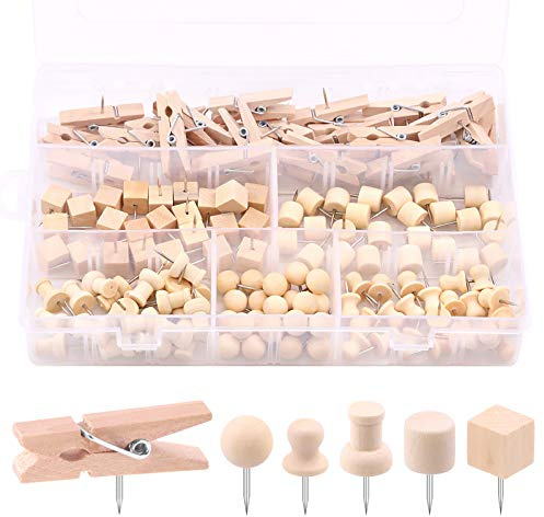 Swpeet Kit assortito di puntine in legno da 135 pezzi, 6 tipi di puntine in legno, puntine in acciaio, puntine per lavagne in sughero, mappe, foto, progetti artigianali per casa e ufficio