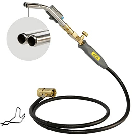 BLUEFIRE HZ-8150 Double Heads Swirl Flame Self-Ignition Hosed Turbo Torch 5' long Hose Trigger Start MAPP MAP Propane Welding Blowtorch Nozzle for brazing large diameter copper pipes, Torch Only