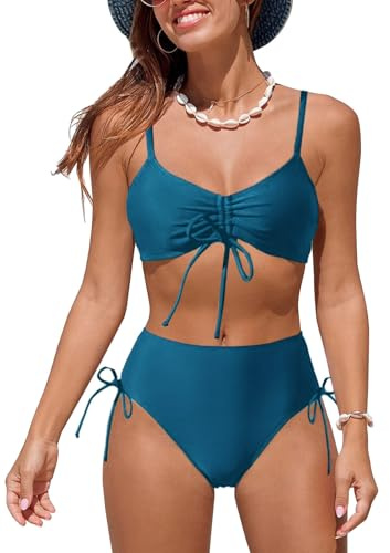 NLAND Costumi da Bagno Mare Donna Costume Due Pezzi Ruched Bikini Set EstateRegolabile Reggiseno Spiaggia con Slip Vita Alta(Verde Scuro L)