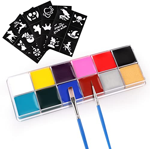 Kinderschminke Set, 12 Farben Face Paint, Faschingsschminke, Bodypaint Schminkset, Schminkfarben für Kinder, Körperfarbe, mit 2 Pinsel 30 Tattoos, für Halloween Karneval und Fasching Partys