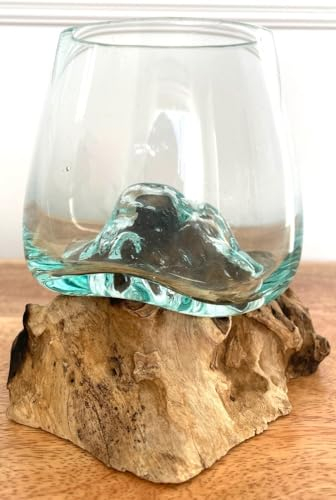 My Square Mile Molten Glass Display Bowl On Wood Root Stand 14x10x11cm Glass Rustic Ornament Sculpture Key Sweet Display Dish