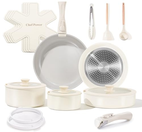 Chef Power Ceramic Nonstick Pots and Pans Set 19 Piece with Detachable Handle, Induction Dishwasher Oven Safe Cookware Set, RV Kitchen Set Removable Handle, Granite Grey and White
