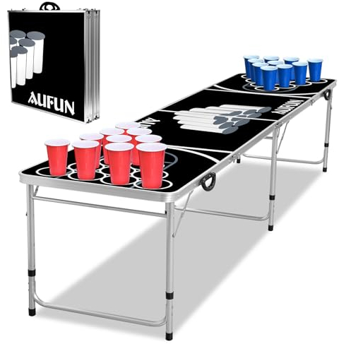 XMTECH Beer Pong Tisch Set Partyspiel Tisch inkl. 100 Becher (50 Rot & 50 Blau), 5 Bälle, Beerpong Tisch Klappbar & Höhenverstellbar, Partyspiele Table