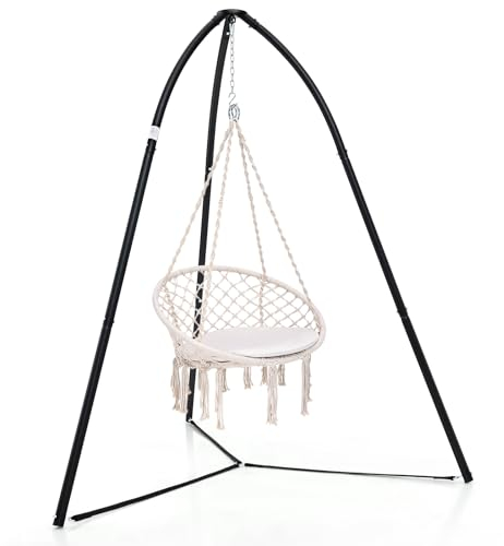 COSTWAY Support pour Fauteuil Suspendu, Pied Fauteuil Suspendu Pivotant en Métal, Chaîne de Suspension, Capacité 200 KG, Support Chaise Suspendue Intérieur Extérieur pour Chaise Soucoupe