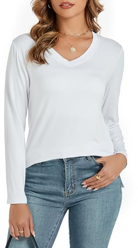 Famrrifuu Tee Shirt Femme Manches Longues Haut Col en V Casual Top Basique Léger Automne Hiver T-Shirt Blouse,Blanc,S