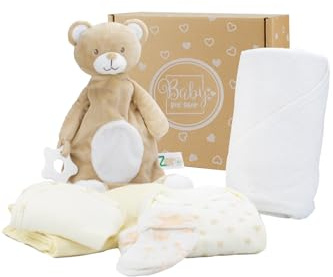 Baby Box Shop - 6 Articoli essenziali per neonati unisex, Regali ideali per la festa del nascituro, include un Piumino per Bambini, un asciugamano color Crema con Cappuccio, un Panno in Mussola, un bo