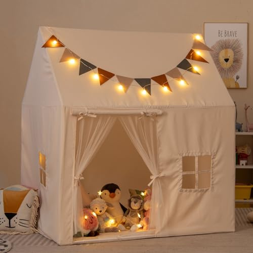 DREAMADE Tente de Jeu Enfant avec Tapis Lavable,Cabane Enfant avec Lumière&Drapeaux Colorés&2 Fenêtres,Maison de Tente Intérieure et Extérieure pour Filles Garçons 3+Ans