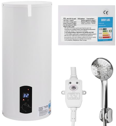 DAOHHFO Elektrisk lagring, varmvattenbehållare 220 V (30 l, läckageskydd, praktisk dusch, temperaturdisplay, 25–75 °C) – 2 000 W elektrisk väggförvaring, tank, vattenvärmare, panna, vattenkokare (vit