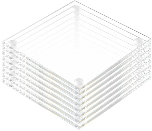 WENLISELL 12 PCS Square Glass Drinking Coasters, 9cm Clear Glass Coaster, Non-Slip Crystal Glasses Coasters for Tabletop, Office, Home, Mugs, Cups