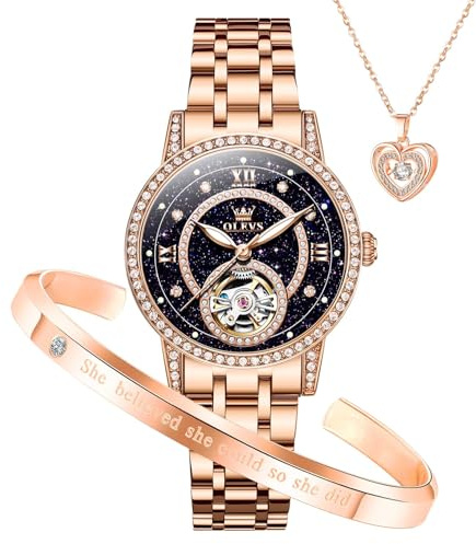 OLEVS Automatic Womens Watches Mechanical Diamond Skeleton Luxury Dress Silver Stainless Steel Waterproof Luminous Ladies Wrist Watches Gift Set