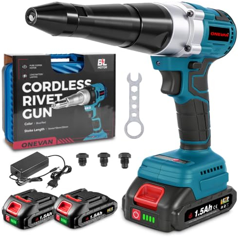 ONEVAN Pinza per rivetti a batteria, corsa 20mm, 20000N, pistola senza spazzole, automatica, con 2 batterie e 4 guide (3,2/4,0/4,8mm) per rivetti da Ø2,4-5,0 mm