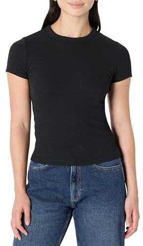 Amazon Essentials Camiseta Elástica de Manga Corta y Corte Ajustado con Canalé Mujer, Negro, S
