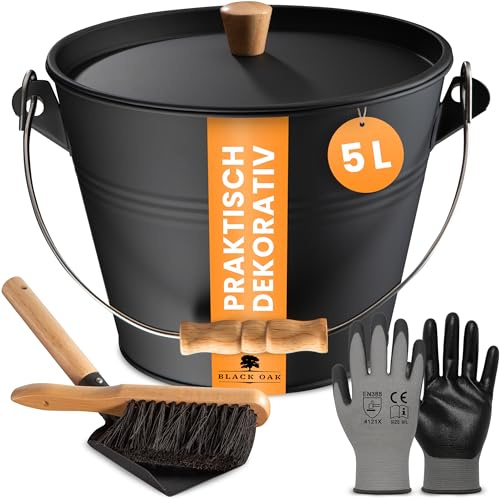 BLACK OAK Ascheeimer Pago 5L - mit Deckel + Feger, Schaufel & Handschuhen
