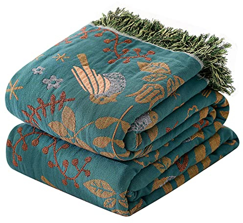 HOORDRY Doppelseitig Boho Tagesdecke 100％ Baumwolle Boho Decke 200×230CM Baumwoll Musselin Decke Edele und kuschelig weiche TV-Decke Couchdecke Sesseldecke Wendedecke bettüberwurf,Blau/Beige
