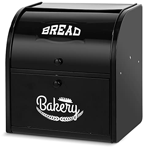 Metal Double Compartment Bread Box Roll Top Bread Box Kitchen Food Storage Bin, Counter-top Bread Keeper Double Layer Bread Storage (Black) - No Installation Required