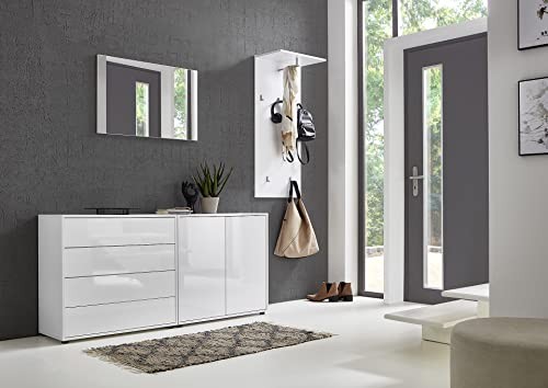 BMG Möbel Garderoben-Set 3 Mailand inkl. Spiegel, Wandpaneel mit hochwertigen Metallhaken, Grifflose Fronten in Hochglanz Weiß lackiert