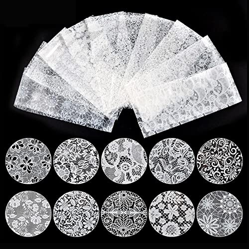 Sanfly 10pcs White en Dentelle Ongles Autocollants Accessoires d'art Nail Décorations Floral Nails Conseils pour Manucure