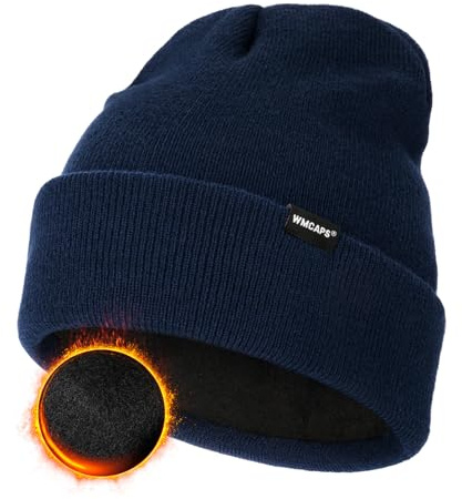 Wmcaps Knit Beanie for Men, Unisex Classic Winter Hats, Fleece Lined Cuffed Mens Beanie and Women, Workwear Thermal Woolly Hat, Birthdays for Her or Him(Navy Blue)