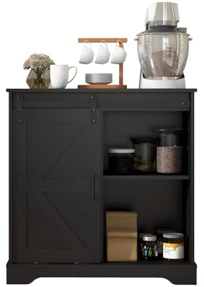 Panana Sideboard, Küchenschrank mit Schiebetür und Verstellbarem Regal, Aufbewahrungsschrank für Küche, Wohnzimmer, Esszimmer (Schwarz)