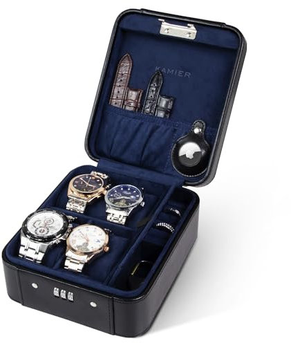 KAMIER Uhrenbox 4, Mechanisches Zahlenschloss Uhrenbox Herren und Damen, Ringe und Uhrenkasten Herren Aufbewahrung Organizer, PU Leder Reise Watch Case, kompatibel mit AirTags, Geschenkbox, Schwarz