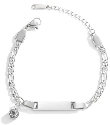JewelryWe Barn babyarmband Figarokedja: Silver rostfritt stål zirkonium högglans polerad ID Tag Figaro-kedja barnarmband babyarmband armkedja för pojke flicka, Zirconium