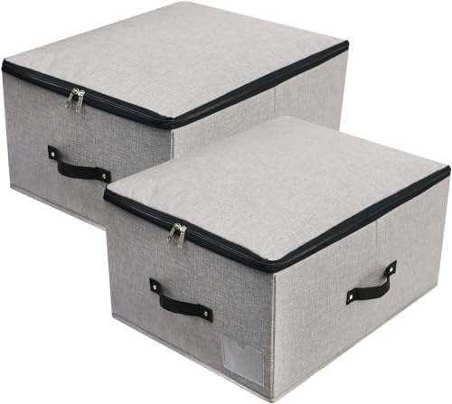 Contenedor de almacenamiento plegable con tapa con tablero divisor, 4 asas, tapa con cremallera, para mantas, ropa, colchas, organizador para dormitorio, armario, estante, 52 x 40 x 26 cm, gris