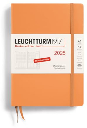 LEUCHTTURM1917 370589 Agenda semanal 2025, tamaño mediano A5, tapa dura, calendario de 12 meses, 80 g, a rayas, color albaricoque