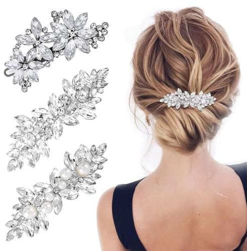 TRKETK 3 Piezas Clips de Pelo de Perlas de Pedrería, Horquilla de Boda Pinzas para el Cabello de Diamantes de Imitación Barrette de Pelo de Perlas de Cristal Brillante para Mujeres y Niñas