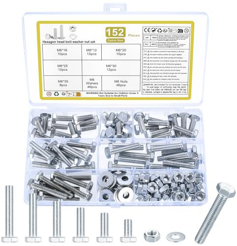 152 Pcs M6 Juego de Tornillos y Tuercas Hexagonales, Tornillos con Cabeza Hexagonal, Tornillos Pernos Hexagonales y Tuercas y Arandelas, Tornilleria Tornillos de Máquina Hexágono, Tornillo Hexagonal