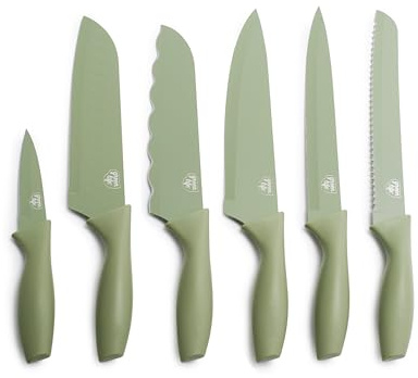 GreenLife 6 Piece Kitchen Knife Set, Rust-Resistant Nonstick Coating, High Carbon Stainless Steel Knives, Blade Guards, Razor Sharp, Ergonomic Handle, Chef, Santoku, Paring, Sage Green