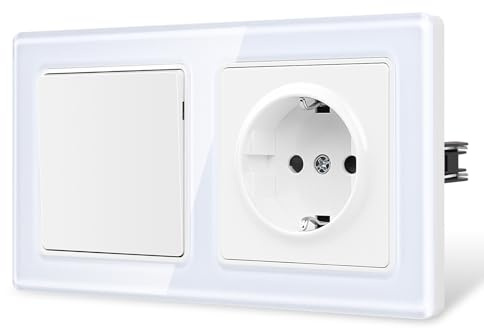 CNBINGO Enchufe Schuko e interruptor de luz con garras – 1 compartimento interruptor basculante empotrado – Enchufe de pared con protección de seguridad para niños – con placa de cristal curvada 2,5D