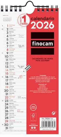Finocam - Väggkalender 2026 månadsvy januari - december (12 månader) | Anteckningskalender 2026 | Neutro månadsplanerare