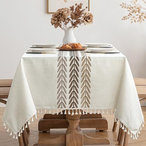 MIULEE Manteles Mesa Rectangular 100x140cm Hojas Beige Tela Impermeable Borlas Mantel Elegante Rectangle para Mesa de Comedor